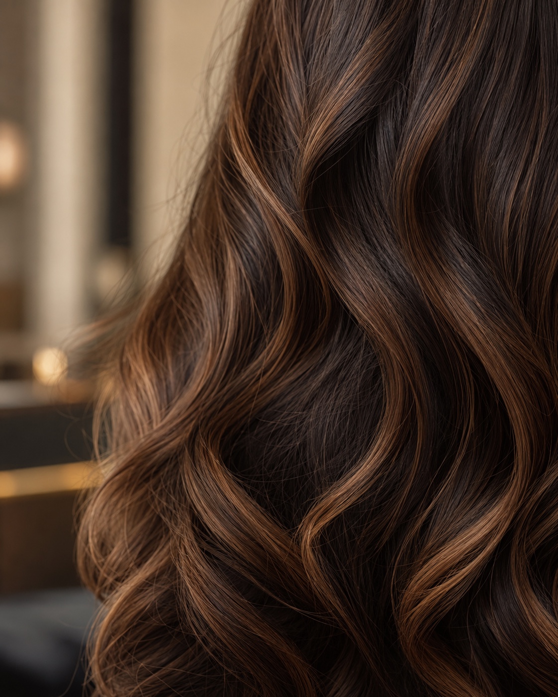 Close-up of glossy brunette waves with warm caramel dimension