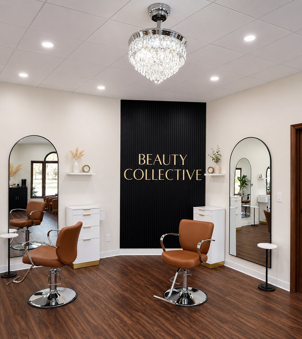 Inside the Hair by Amber studio at Beauty Collective — styling chairs, arched mirrors, and warm wood floors